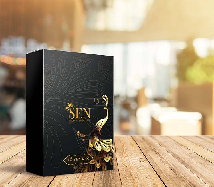 Mẫu thiết kế hộp đựng sản phẩm tổ yến khô màu đen của SEN Pearl & Nest.