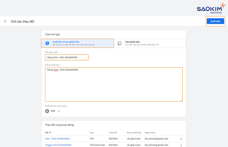 Cài đặt chuyển đổi click gọi điện bằng Google Tag Manager - Điền thông tin phiên bản