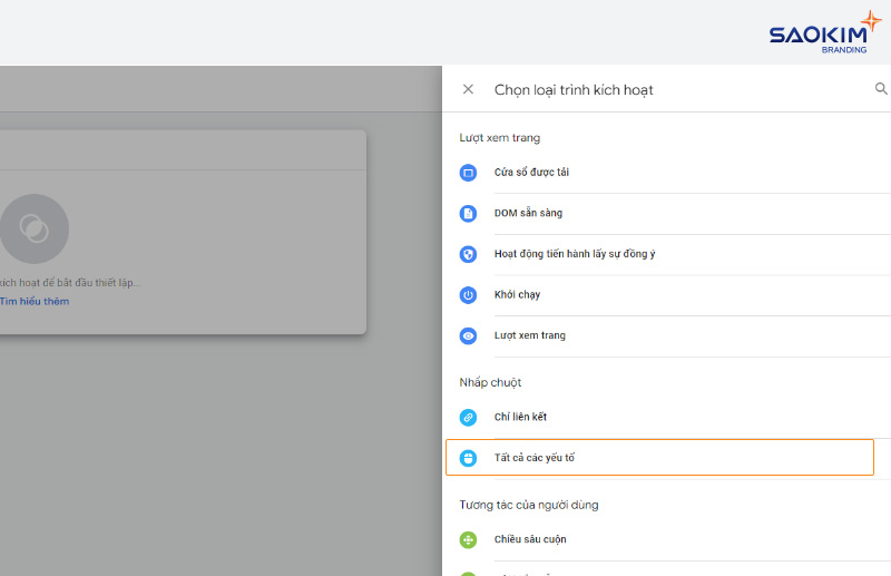 Cài đặt chuyển đổi click gọi điện bằng Google Tag Manager - Chọn loại trình kích hoạt là Tất cả các yếu tố
