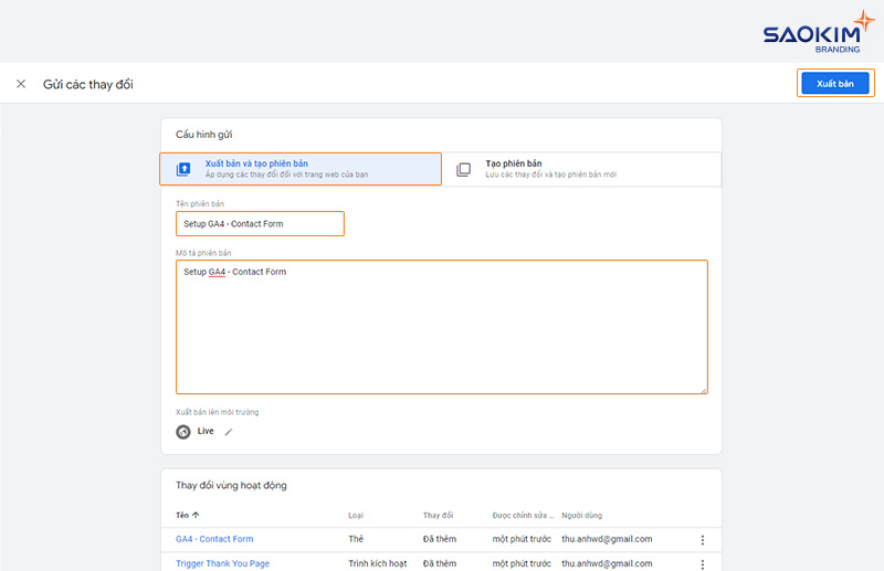 Cài đặt chuyển đổi điền Form bằng Google Tag Manager - Điền thông tin phiên bản